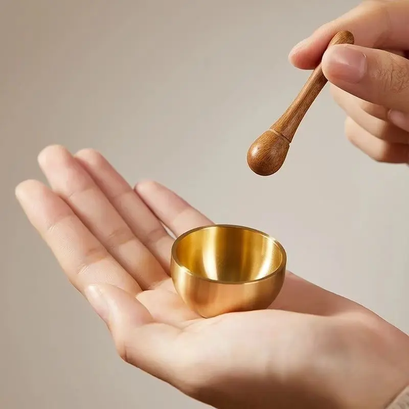 Golden Palm-Sized Mini Brass Singing Bowl Collectible Set - Rich Resonant Sound, Resonance, Sound Healing, Self-Care, Solid Wood Mallet, Soft Felt Cushion - Mindfulness Stress Relief Meditation Tool