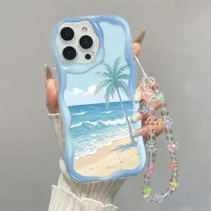 Light Blue Wave Edge Beach Palm Tree Phone Case, Anti-Drop Full Coverage, for iPhone 17 Pro Max, 16 15 14 13 12 11, Gift Idea
