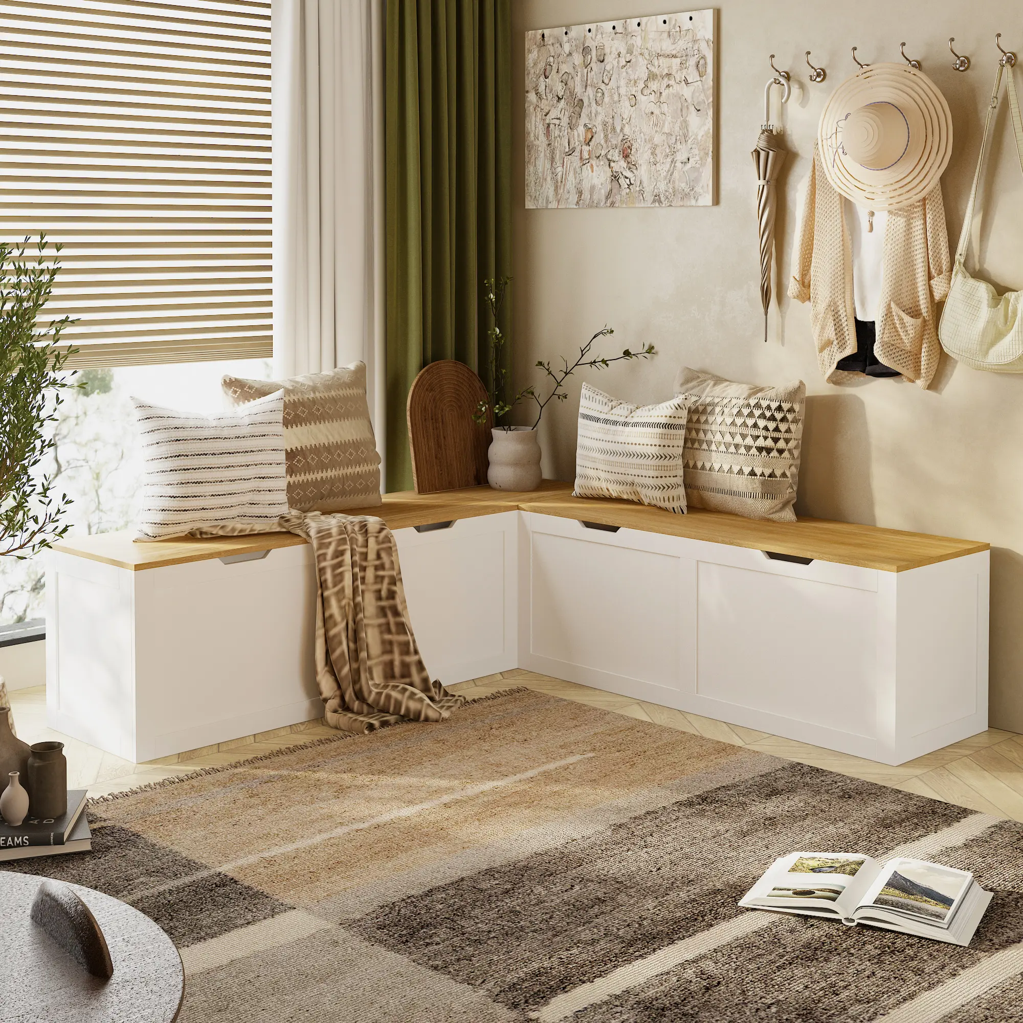 L-Shaped Storage Bench with Hidden Compartment - Multifunctional Shoe Bench for Entryway, Kitchen Nook & Cloakroom