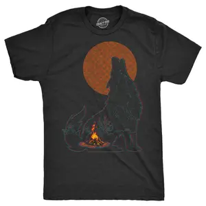 Mens Funny T Shirts Campfire Wolf Sarcastic Nature Graphic Novelty Tee for Men Mens Funny T Shirts Cool Vintage Fashion T-Shirt Gift Classic Menswear Animal Apparel for Men Funny Camping Short Sleeve Novelty Black -