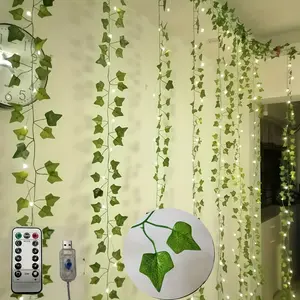 1 Pack 9.84ft Vine Hanging Garlands With 12 Pack Artificial Ivy Garland Fake Plants, 300 LED Curtain Lights USB 8 Modes LED String Lights, Suitable For Weddings, Home, Bedrooms, Fences Garden Party Wedding Wall Room Decro