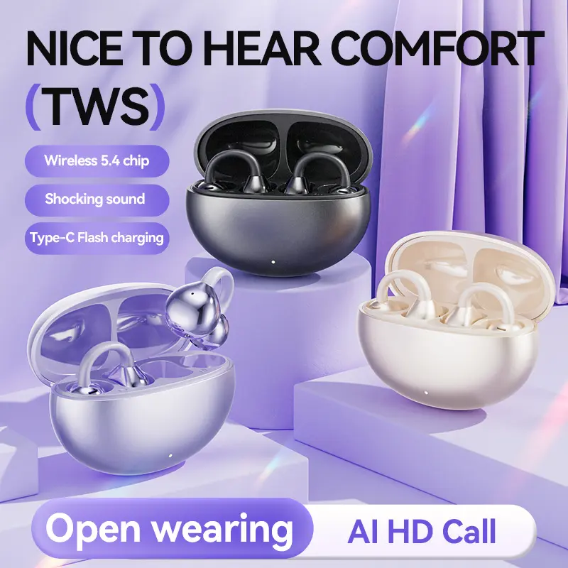 Women’s Decorative Open-Ear Clip-On Earbuds - Wireless Bluetooth 5.4 Audio Headphones with Built-In Microphone, Ear Hooks, Comfortable Fit, High-Fidelity Sound, 36-Hour Battery Life, Suitable for Sports, Fitness