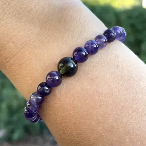 Moldavite and 6mm Amethyst Beaded Bracelet