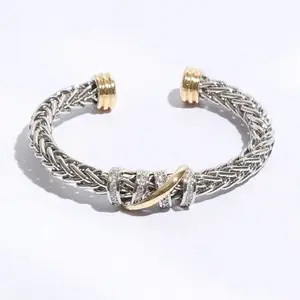 Ponytail 7MM Cross Pave Bar Bangle Bracelet Gold Tone Cylinder Edge Braided Design 7mm Wide Bar Everyday Fashion Accessory