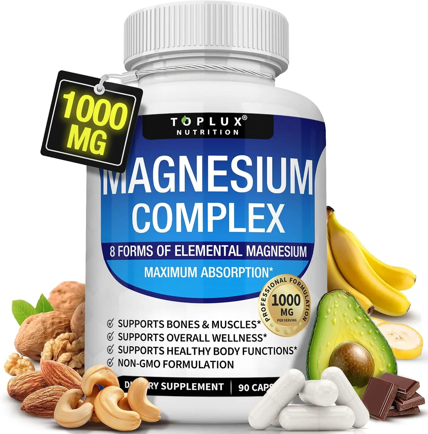 Toplux Magnesium Complex Supplement 8 Elemental 1000mg - Magnesium Glycinate, Citrate, Malate, Taurate, Chelated for Easy Absorption for Bones, Muscle, Recovery, Energy, Vegan Non-GMO 90 Capsules