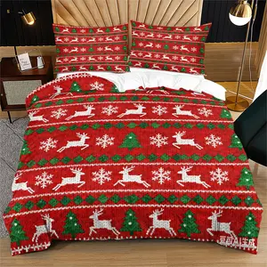 Christmas style elk and snowflake knitted pattern, red and green festive atmosphere pattern, no cotton, soft and durable bed quilt set, including 1 quilt cover and 1 or 2 pillowcases, does not include quilt core and pillow core, suitable as a holiday gift