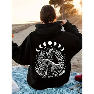 Women's mushroom and moon phases with botanical elements Graphic - Black Long Sleeve Pullover Regular Fit | Soft & Breathable Fabric, Durable Print, Everyday Comfort, Machine Washable , bohemian and nature-inspired outdoor beach setting