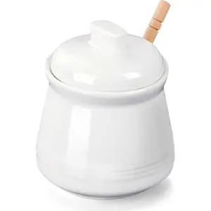 Honey Jar with Lid and Honey Dipper,Ceramic Honey pot,12oz (White)