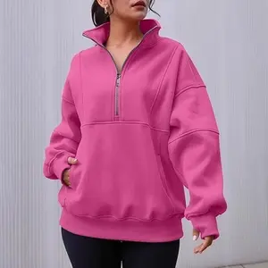 Women's Half Zip Sweatshirts Fleece Stand Collar Long Sleeve Thumb Hole Oversized Pullovers With Pockets S-3XL