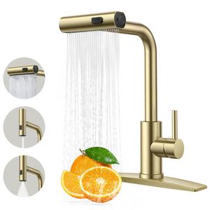 Forious Gold Elegant Durable Steel Pull Down/Pull Out Kitchen Faucet, Modern Single Handle Waterfall Tap with Sprayer, 1 or 3 Hole Stainless Steel Kitchen Sink Fixture, Pull Out Faucet summergarden