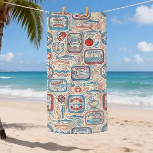Cream Sardine Print Microfiber Beach Towel - Nautical Design, Cozy, Quick-Dry, Soft, Sand-Free, Lightweight Bath & Travel Blanket for Beach, Pool (35x70 in)