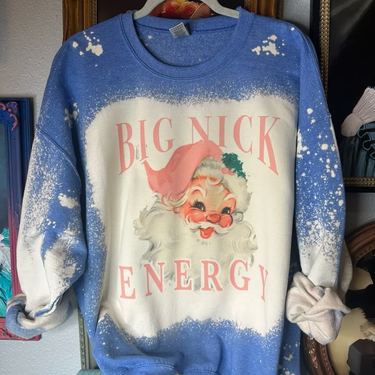 Big Nick Energy Vintage Santa bleached and sublimated Blue Christmas Sweatshirt