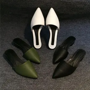 Pointed Toe Flat Shoes Female Rivet Woman's Slippers Slides Low Square heel 2025 Summer Soft Cover Block Genuine Leather Hoof He
