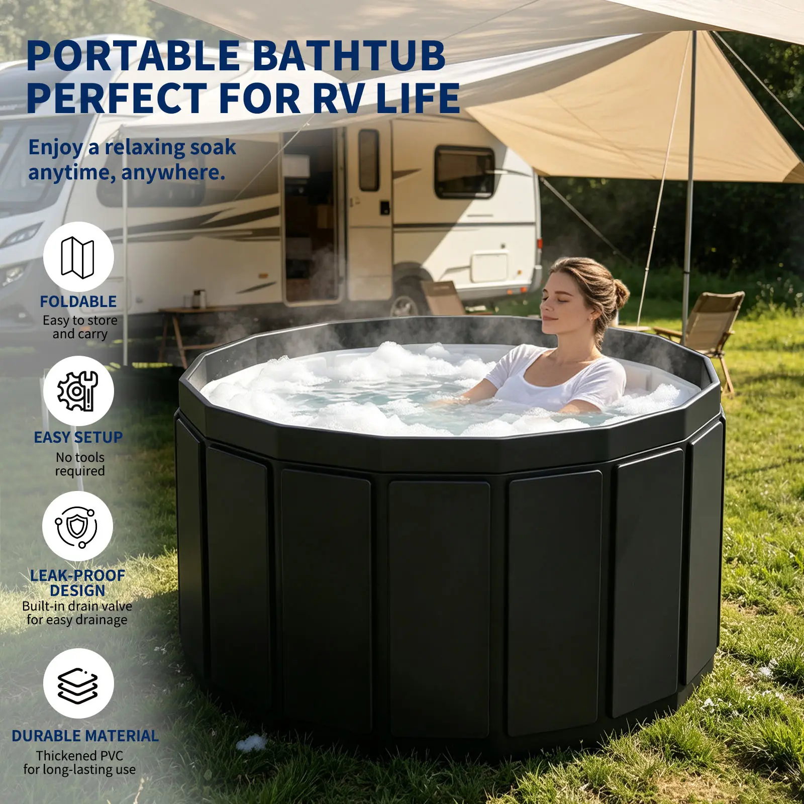 Adult-Use Modern Round ABS Plastic Foldable Soaking Bathtub - Space-Saving, Extra Large, Portable, Full-Body Immersion, Dual Drains, Outdoor Ready, Ideal for Tiny Homes, Apartments