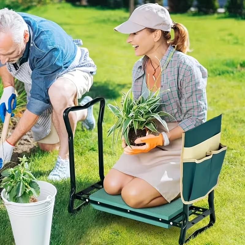 2-in-1 Green Metal Garden Kneeling Stool & Seat, Heavy-Duty Foldable Bench with Tool Pouch, EVA Foam Kneeling Pad, Portable Garden Tool Gear for Gardening & Camping