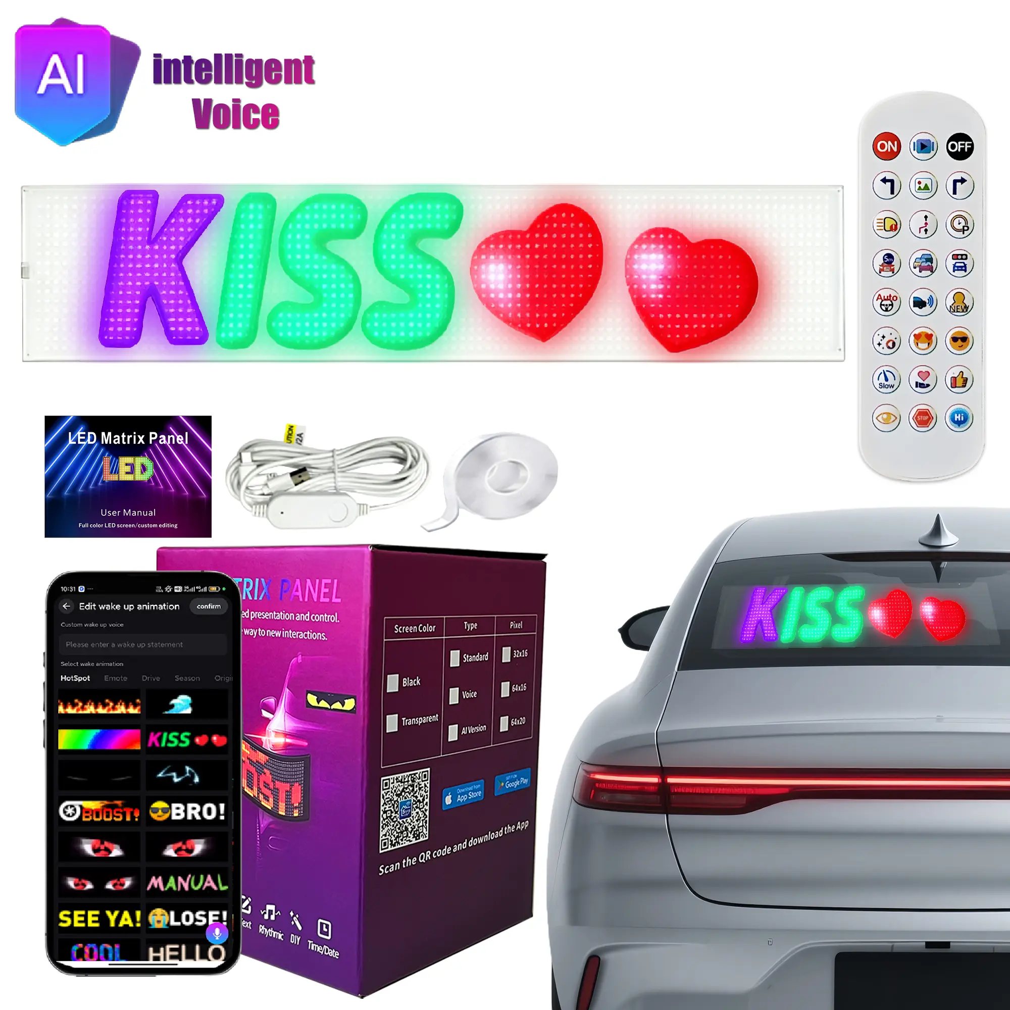echosari Huge Bright LED Scrolling Sign, Flexible USB Programmable Display with Bluetooth App & Voice Control, Custom Text Pattern Animation for Car Business Store Bar Hotel Window