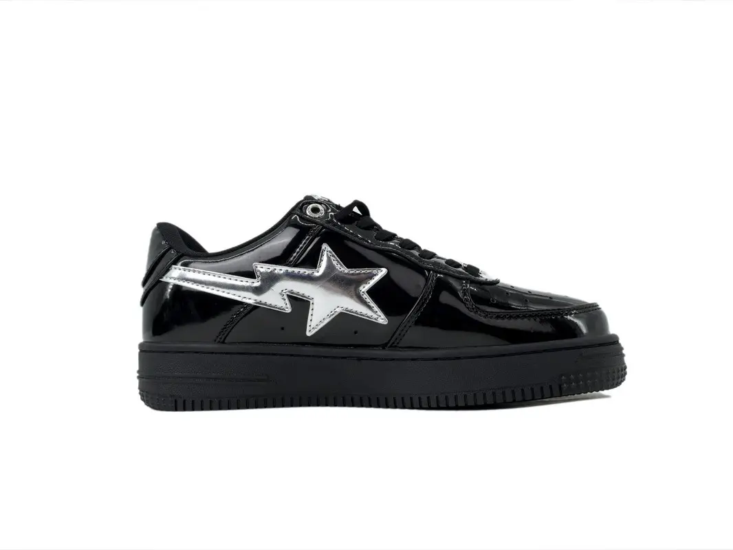 Glossy Patent Black Leather Low Top Skate Sneakers With Metallic Silver Star Side Logo, Solid Black Rubber Sole Unisex Street Fashion Casual Walking Trainers