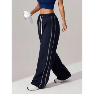 1 pair of women's waffle knit loose straight-leg pants, drawstring waist, color-blocking design, simple fitness sports pants, spring/summer style