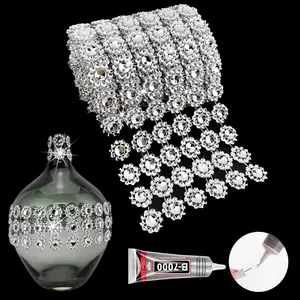 3Yards  Flower Rhinestone Ribbon Trim with Glue, 4In/6Rows Rhinestone Mesh Fabric, Bling Rhinestone Ribbon Roll for Crafts, Party Christmas  Year Decoration(3Y-)