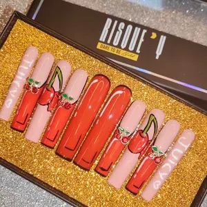 XXL Red/ Beige Press On Nails