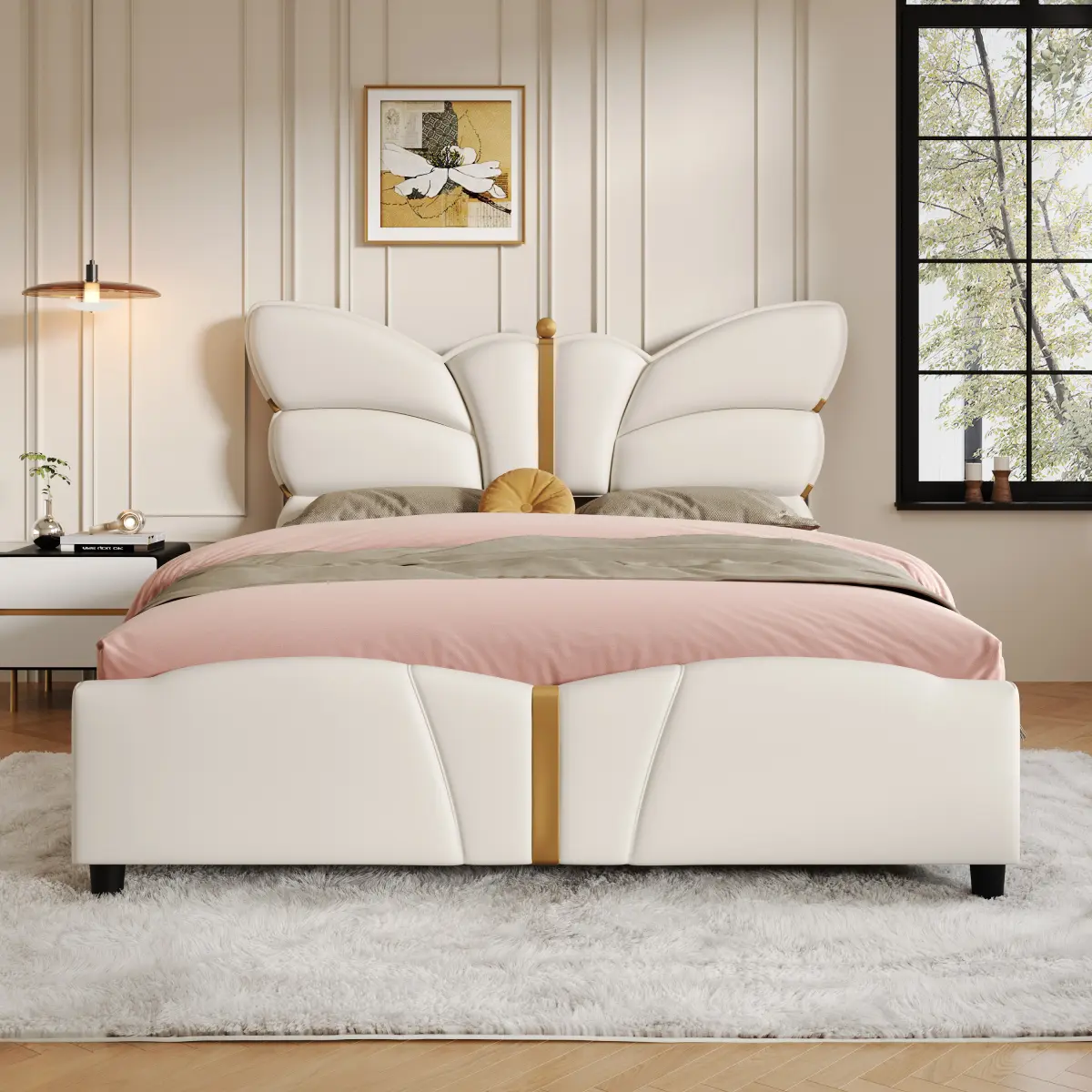 Beige Queen Size Upholstered PU Leather Platform Bed Frame - Butterfly-Inspired Headboard & Footboard, Gold Metal Decorations, 85.5x64.75x42.75in, Assembly Required, No Box Spring Needed, Shaped Beds