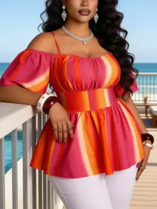 Plus Size Gradient Striped Off-Shoulder Top, Bubble Sleeve & Waist Cinched Design, Eye-Catching Summer Blouse Shirt
