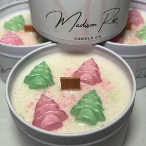 Pink Christmas - Candle - Scented with Vanilla and Crushed Peppermint - Hand Poured 100% Soy Wax Jar