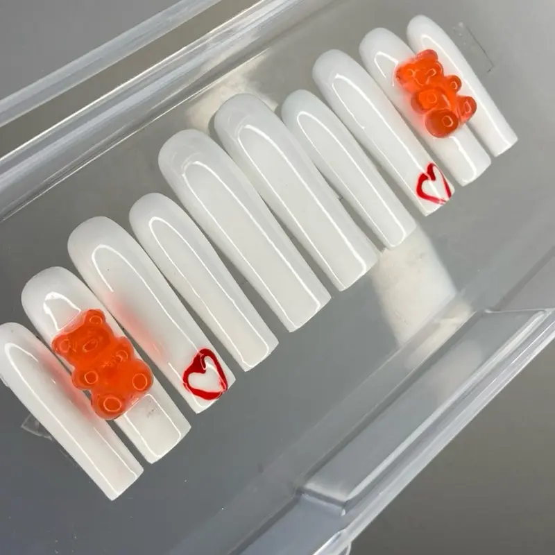 Red Gummy Bear Press On Nails with Heart Design