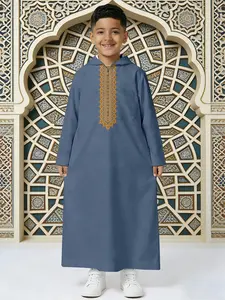 Boys Muslim Cotton Linen Robe, Gold Embroidered Long Gown, Festive Wear, Comfortable and Stylish, Perfect for All Occasions