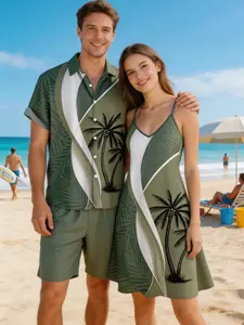 DRESSLILY 2025 Casual Couple Matching Clothing Set - Women's High Waist Polyester Colorblock Coconut Tree Leaf Print Sleeveless Spaghetti Strap Summer Maxi Vacation Dress, Men's Roll-Up Sleeve Fabric Shirt