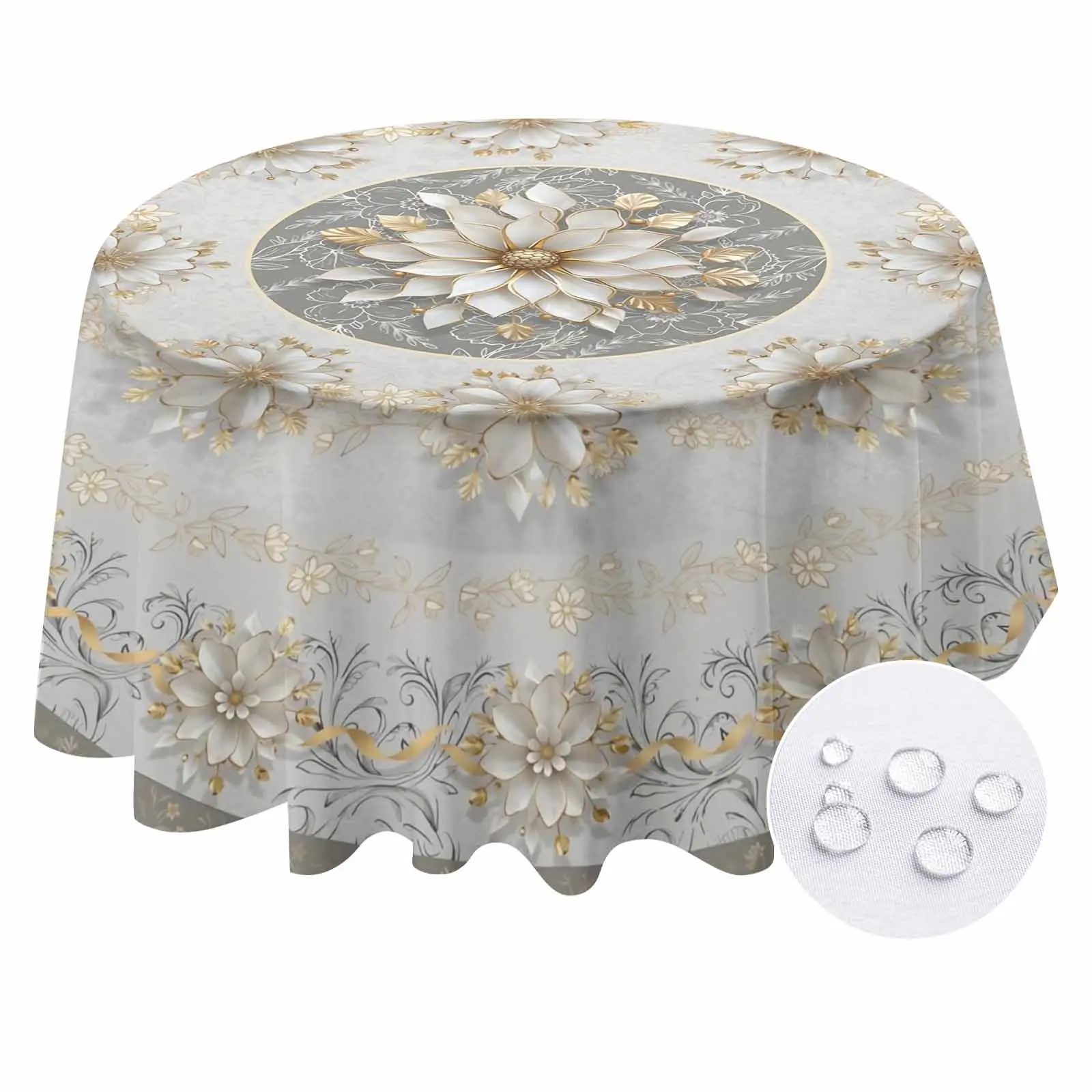 EastJia Polyester Round Tablecloth (1-Piece, 60x60in/70x70in) - 2D Flat Golden Floral, Durable, Easy to Clean, Machine-Made, Ideal for Holiday Festive, Home Cafe Dorm, Indoor Outdoors Room Decor