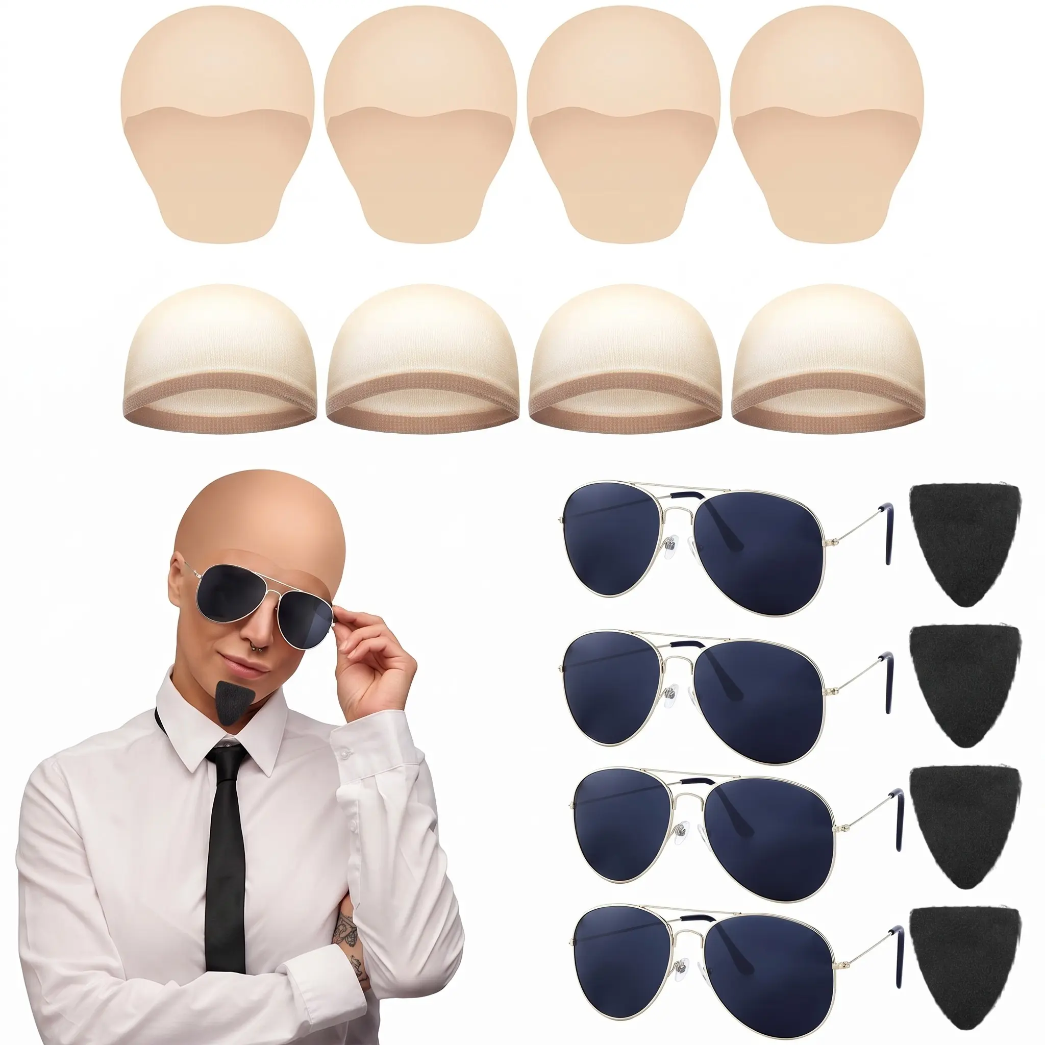 4 Sets Smooth Bald Cap Costume Kit with Aviator Sunglasses Black Goatee Beige Wig Cap for Adult Dress Up Halloween Party Stage Performance Cosplay Accessories