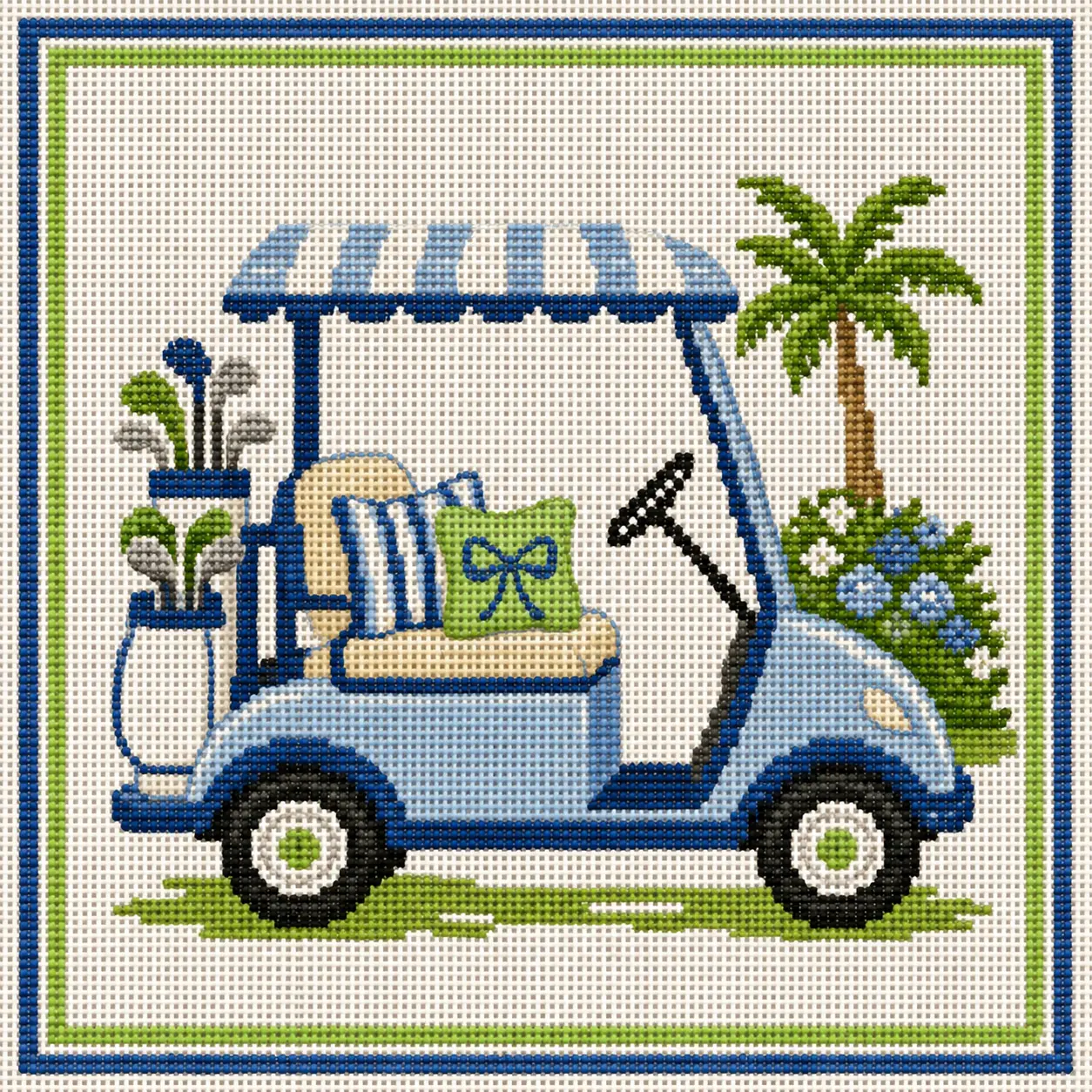 Seaside Golf Cart Printed Needlepoint Canvas Seaside Golf Cart Printed Needlepoint Canvas
