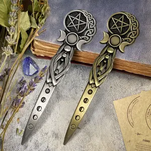 Four Elements Ritual Decorative Wind Element Sword Pentagram Metal Vintage Envelope Opener Paper Knife Triple Moon Handmade Knife