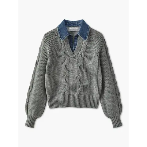 COMMENSE Women's Ribbed Lapel Denim Panel Knit Fabric Top - Long Sleeve Basic Autumn or Winter Comfortable Women's Knitwear, Cozy Evening Wear, Casual Outing Essential