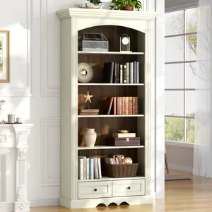 70.8’’ Tall Arched Bookcase with Stroage, Farmhouse 5-Tier Arch Bookshelf with Drawers, Freestanding Book Shelf with Roman Column Design