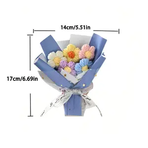 Handmade Crochet Mini Flower Bouquet, Knitted Colorful Daisy Bouquet with Blue Wrapping, Everlasting No-Wilt Flower with "For You" Ribbon, Cute Gift for Her Valentine Graduation, Home Desk Aesthetic Decor