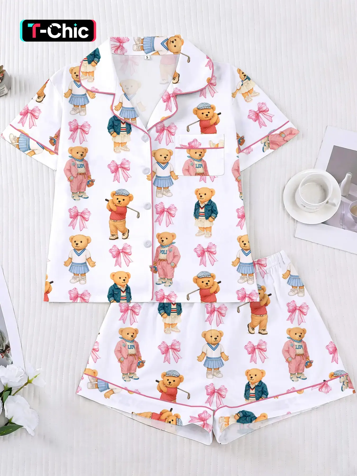 Women's Bear Bow Print Pyjama Set, Short Sleeve Button-Up Top & Elastic Shorts, Casual Fashion Womenswear Sleepwear Loungewear Pajamas Pjs for All Seasons Printed Pajama Set Pj Sets