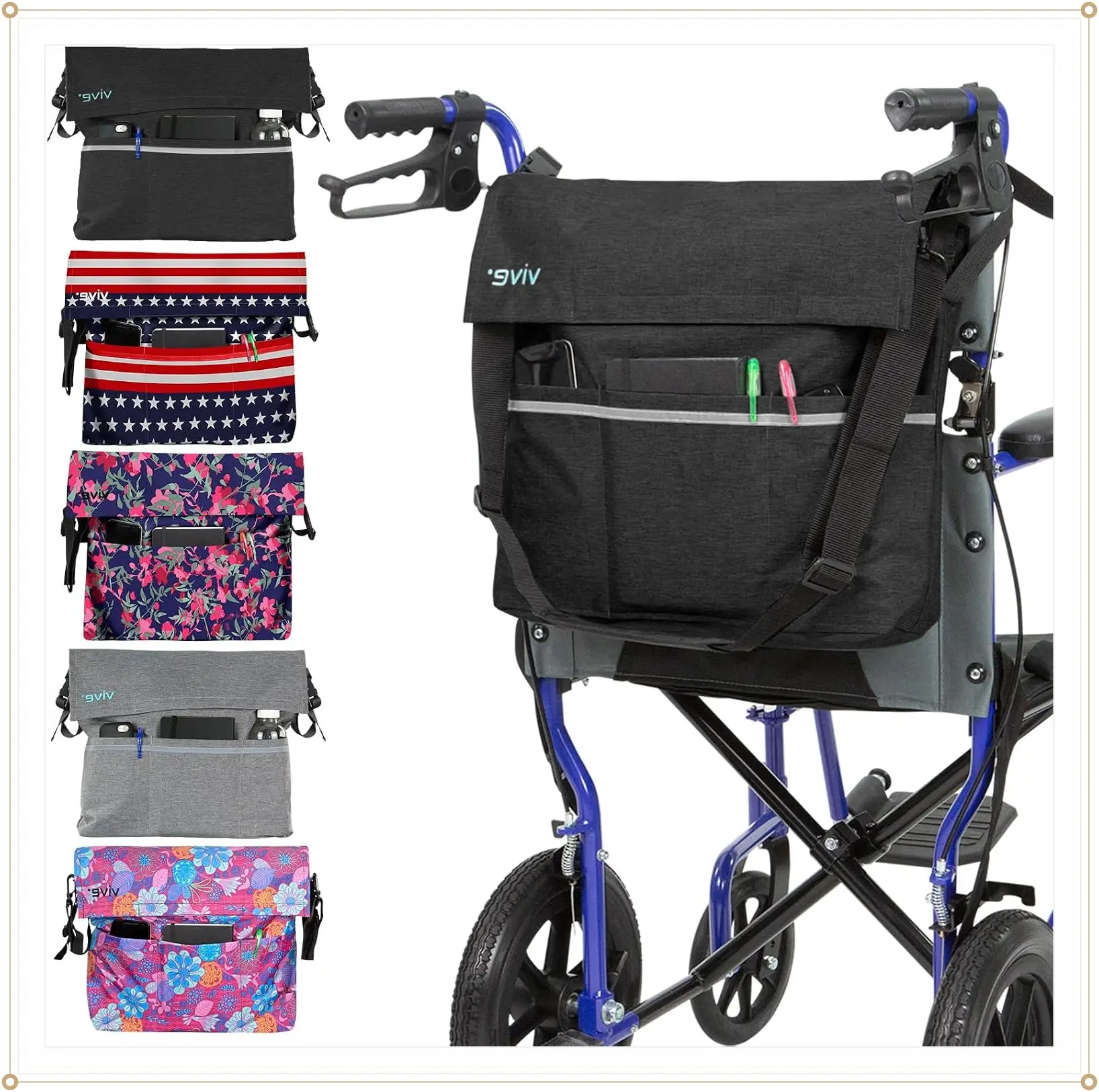Vive XL Wheelchair Accessories Bag - Waterproof, Scratch-Resistant, Double-Stitched, Machine Washable for Adults, Seniors, 15 Colors - Storage Walker Backpack to Hang on BackGift