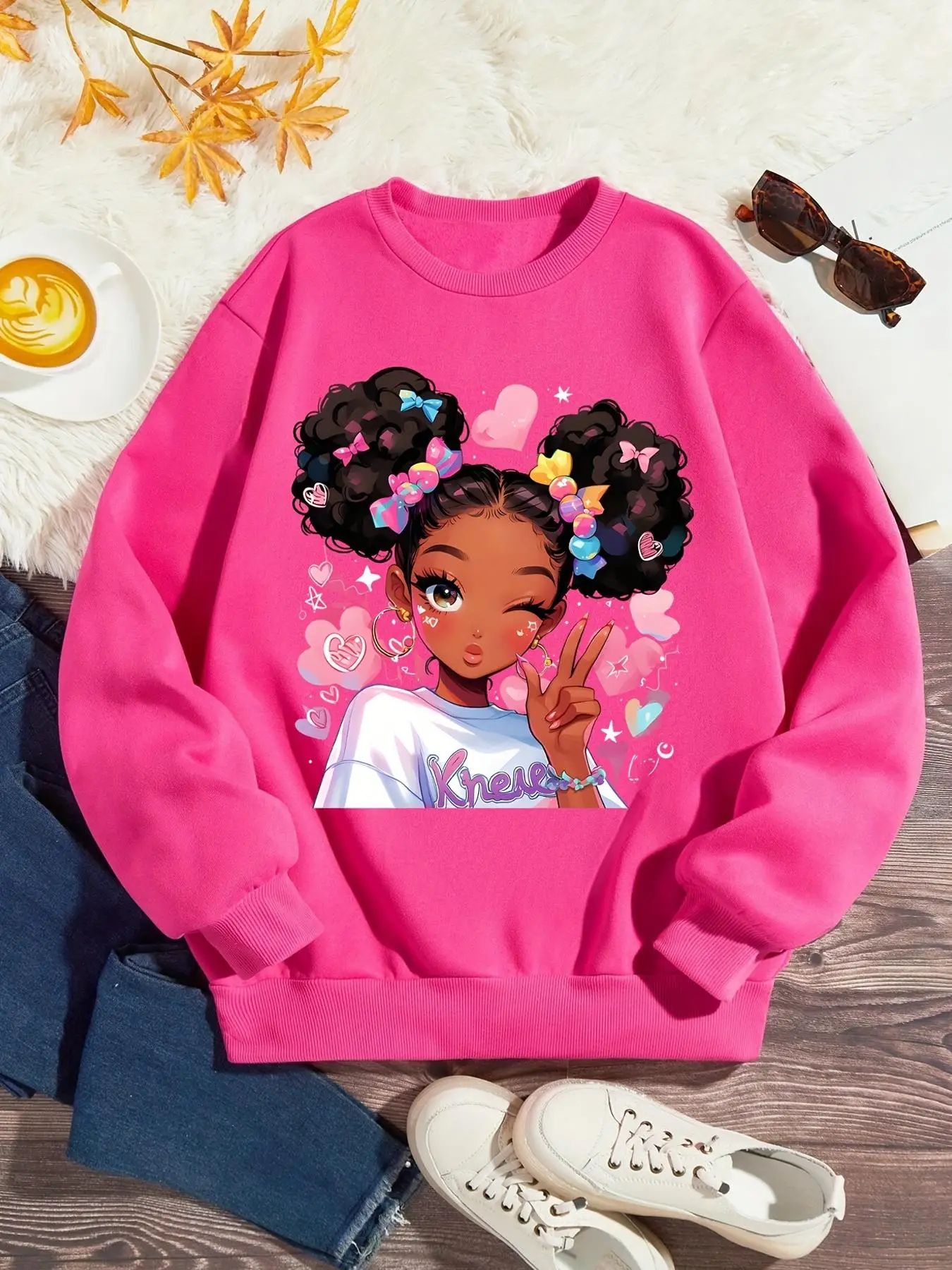 Girl's Cartoon Print Drop Shoulder Sweatshirt, Fashion Casual Crew Neck Long Sleeve Pullover for Daily Outdoor Wear, Girls Clothing for Spring Fall