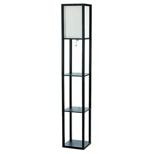 Black Floor Lamp Etagere Organizer with Storage Shelf and Linen Shade, Modern Design, Tall Standing Lamp for Living Room, Bedroom, Home Office, Space-Saving, Multi-Functional Lighting