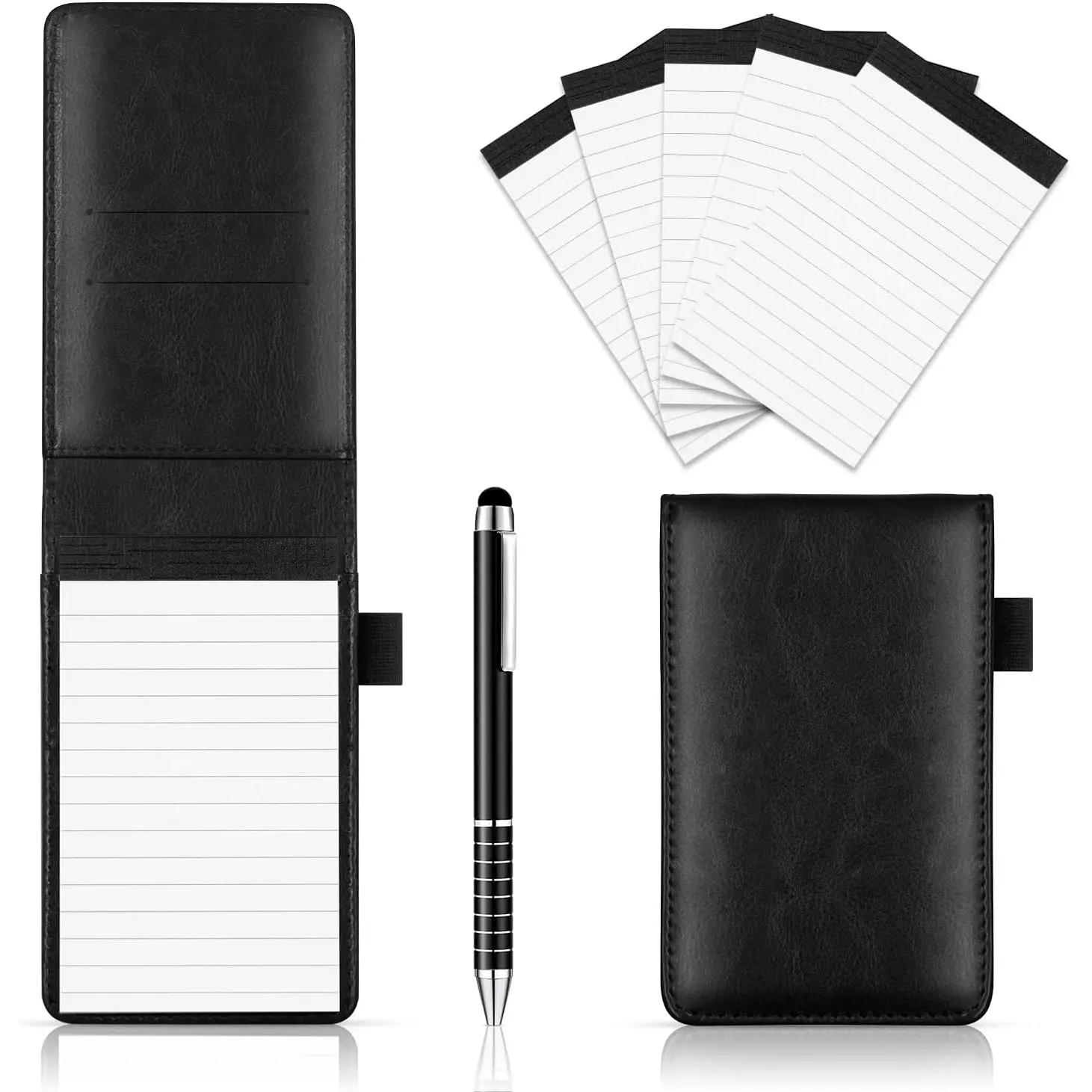 Black All-in-1 Stationery Supplies Organizer Notebook Set - 7-Count Small Notes Holder, 3x5 in Pocket Travel Journal with Pen, 5-Count Refillable Ruled Pads of Paper (30 Pages Each), Ideal for Dad, Grandma, Christmas Gifts, Work Vital Info Recording