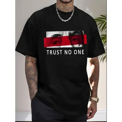 funny vintage Men's Extra Large "Trust No One" Graphic T-Shirt - Casual Cotton, Short Sleeve, Loose Fit, Red & Black Striped Design, Machine Washable, PLUS SIZE