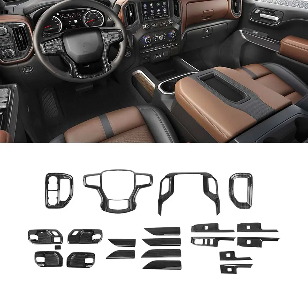 100% Brand New ABS Black Wood Grain Self-Adhesive Car Interior Decor Cover Trim Kit - 1 Year Warranty, DIY Installation, Scratch Protection, Perfect Fit Car Interior Accessory for 2019-2021 Chevy Silverado, Auto Accessories Interior