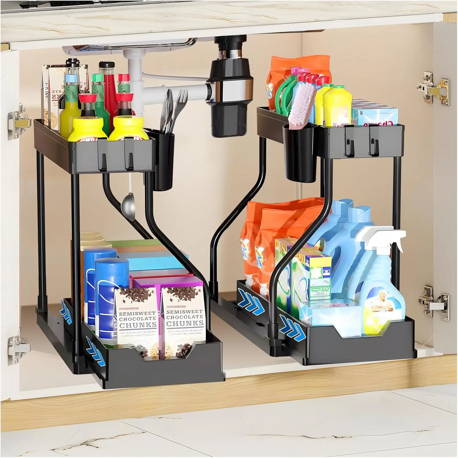 2-Tier R-Shaped Expandable Pull-Out Under-Cabinet Utility Rack, Multi-Tiered Sink Organizer with Adjustable Shelves, Large-Capacity Plastic Home Storage for Kitchen Utensils & Bathroom Use, Multi-Tiered Sink Utility Racks, Organizer Utility Racks