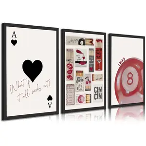 3pcs/set Modern Vintage Matchbox Ace of Hearts Lucky You Pool Ball Wall Art Canvas Painting Funky Posters For Living Room Home Decor Valentines Decor