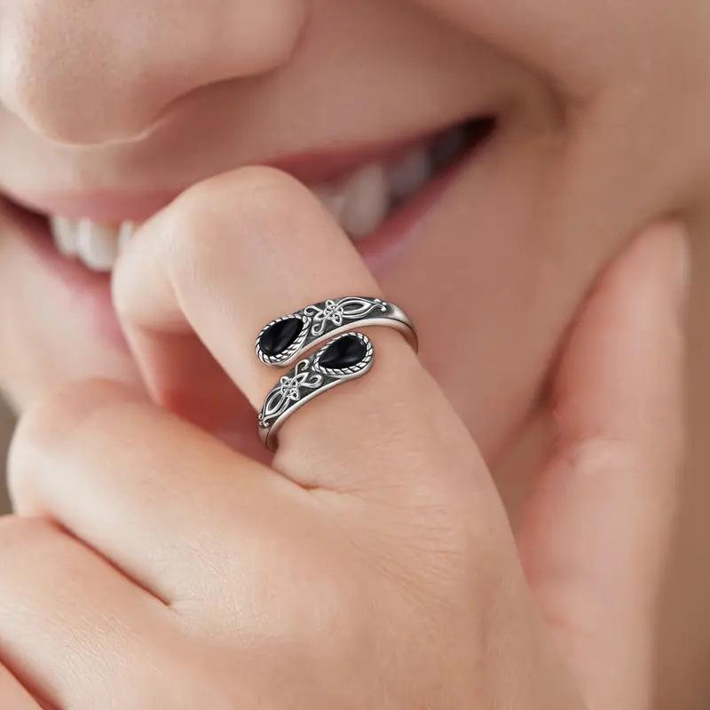 September Laurel Vintage Celtic Knot Black Onyx Ring, 925 Sterling Silver Open Ring, Retro Ornament Adjustable Band for Women, Ideal Gift for Mother’s Day & Birthdays Wedding Engagement Ring Wedding Rings