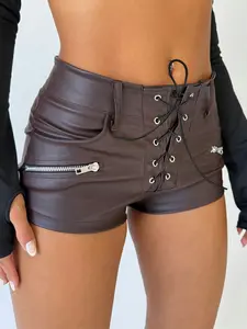 Women's PU Leather Low Waist Drawstring Shorts, Slim Fit Street Style Hot Pants, Fashionable Versatile Sexy Summer & Fall Clothing