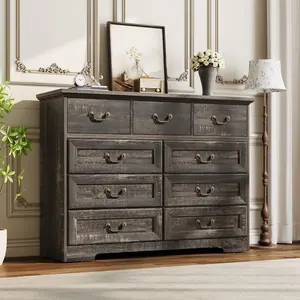 9-Drawer Dresser for Bedroom, 47 in Wide Dressers Wood Vintage Chest of Drawers with Natural Texture and Vintage Gold Floral Handles, Farmhouse Storage Organizer for Living Room, Hallway Entryway, (Dark Rustic Grey)