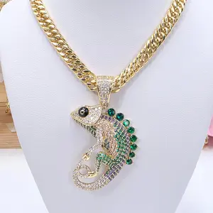 Chameleon Pendant and Cuban Chain 18 Inches Gold-Plated Multicolor Rhinestones Symbolizing Adaptability Strength and Transformation Ideal for Everyday Wear or Gifting c17